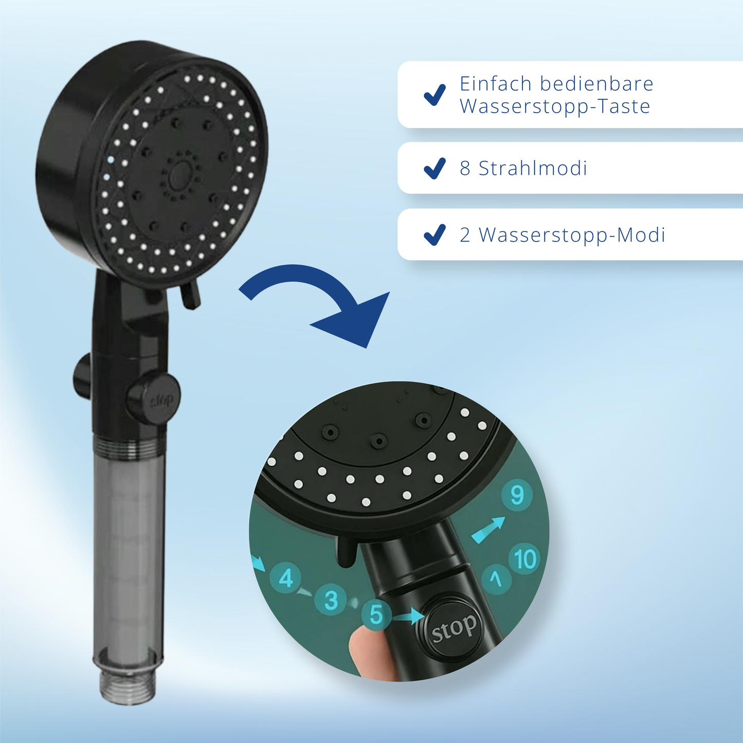 Multifunktion Duschkopf mit Filter 10 Strahlarten Massagefunktion Wasserstopp